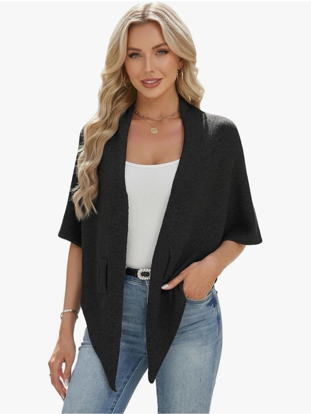 Black Pashmina Cardigan Triangle Cape Knit Shawl